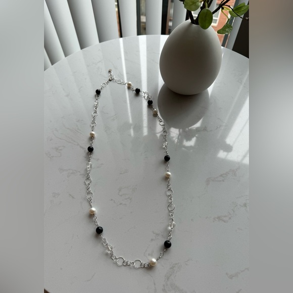 Stylish Handcrafted Silver Necklace with Black, White, and Crystal Beading - Picture 3 of 6
